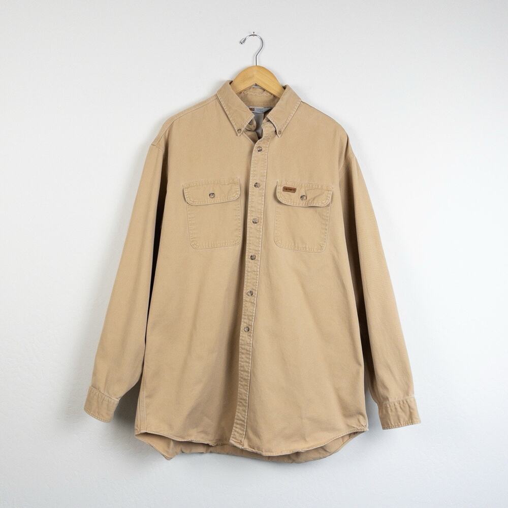 Vintage Carhartt Rugged Outdoor Wear Button Up Shirt Tan XL Workwear